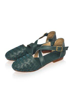 Elf Bali Handmade, Riviera Woven Leather Flats, Women's Size 9, Emerald